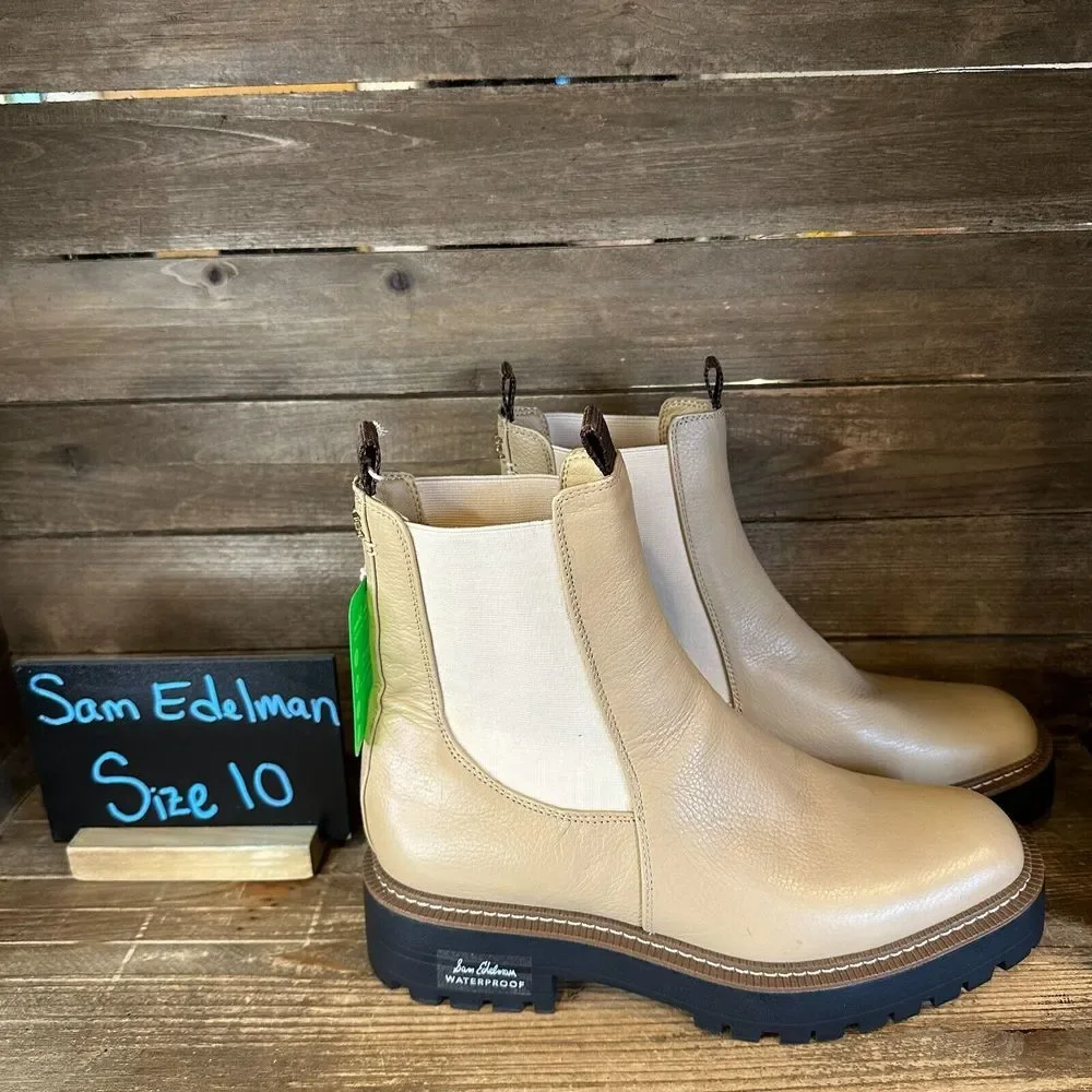 Womens Sam Edelman Laguna Chelsea Beige Leather Pull On Waterproof Boots Size 10